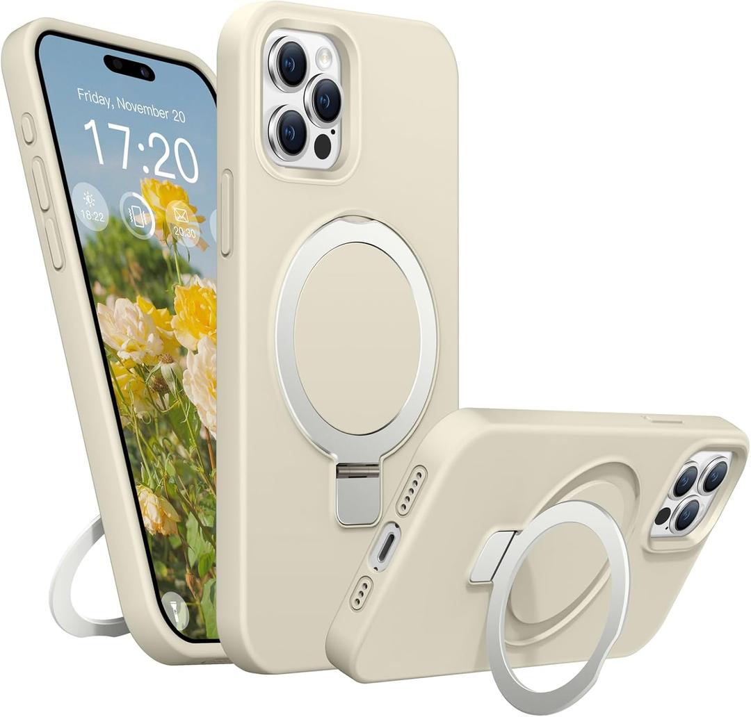 Soft Liquid Silicone Case for iPhone 15 Pro with Magnetic Invisible Stand, Military Grade Shockproof Protection, Anti-Scratch Microfiber Lining Covers for iPhone 15 Pro, White