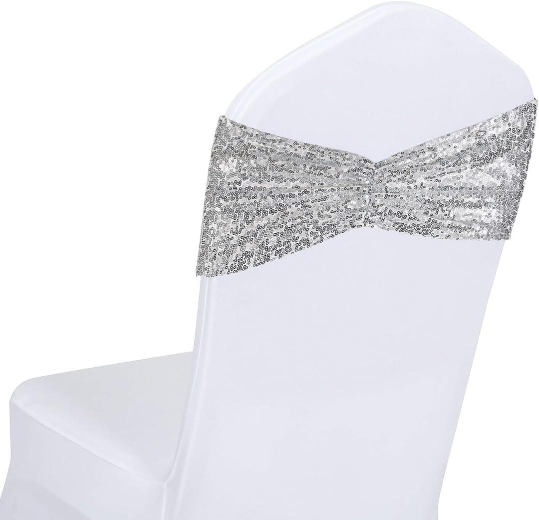 SquarePie Sequin Chair Sashes Bands 60PCS Silver Glitter Decorative Bows for Wedding Party Reception Events Ceremony Banquet