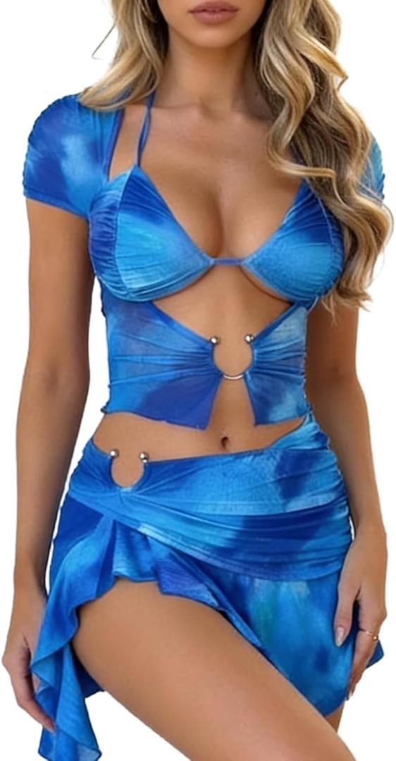 REASERAL Womens Summer Skirt Outfits Gradient Print Camisole Top Mini Skirts Sexy Vacation Y2K Outfits (Small, Blue)