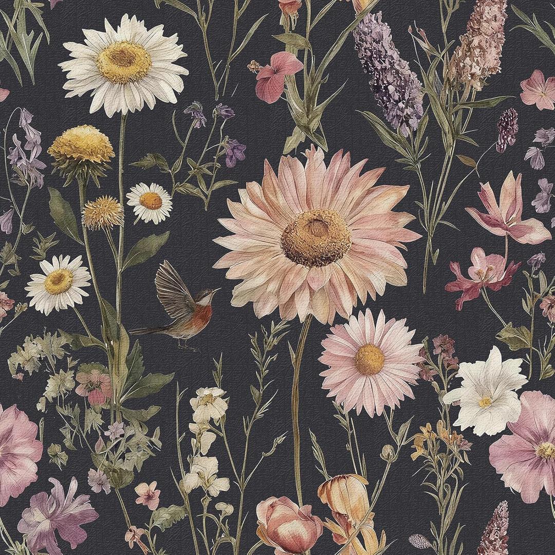 Livebor Dark Floral Peel and Stick Wallpaper Vintage Floral Contact Paper 16.9 x 118.1 Bird Flower Wallpaper Peel and Stick Boho Flower Self Adhesive Removable Wall Paper Decor for Cabinets Vinyl