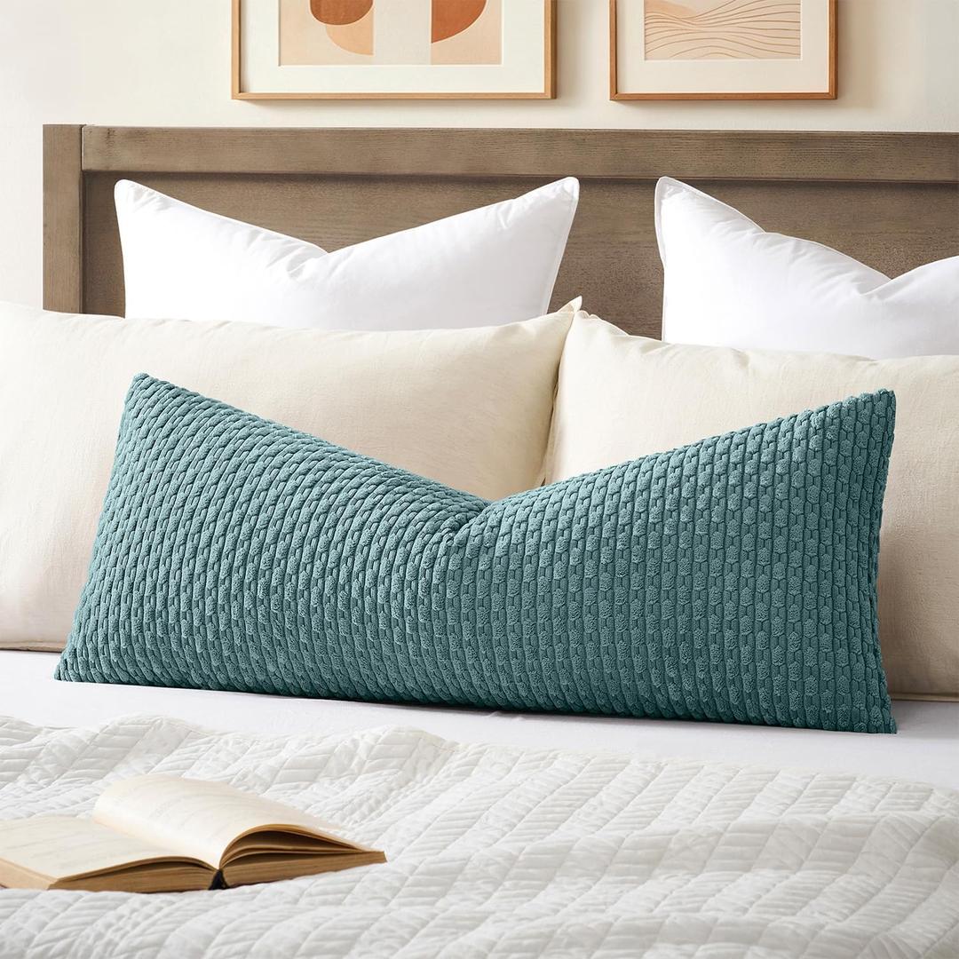 Kevin Textile 20x54 Inch Long Body Lumbar 1 Pack Boho Decorative Throw Pillow Cover Soft Striped Corduroy Rectangle Cushion Case Farmhouse Accent for Living Room Couch Sofa Bed, Blue Grey