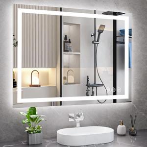 Koonmi 36x48 LED Bathroom Mirror, Backlit + Front Lit, LED Bathroom Mirror with Lights for Wall, 3 Colors, Anti-Fog, Dimmable Brightness, Memory Function, Tempered Glass