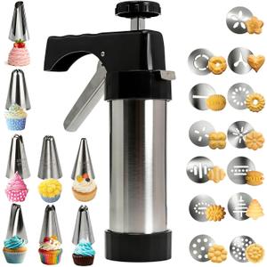 Stainless Steel Cookies Press, Cookie Press Kit with 13 Cookie Discs and 8 Piping Tips for DIY Various Cookies Maker