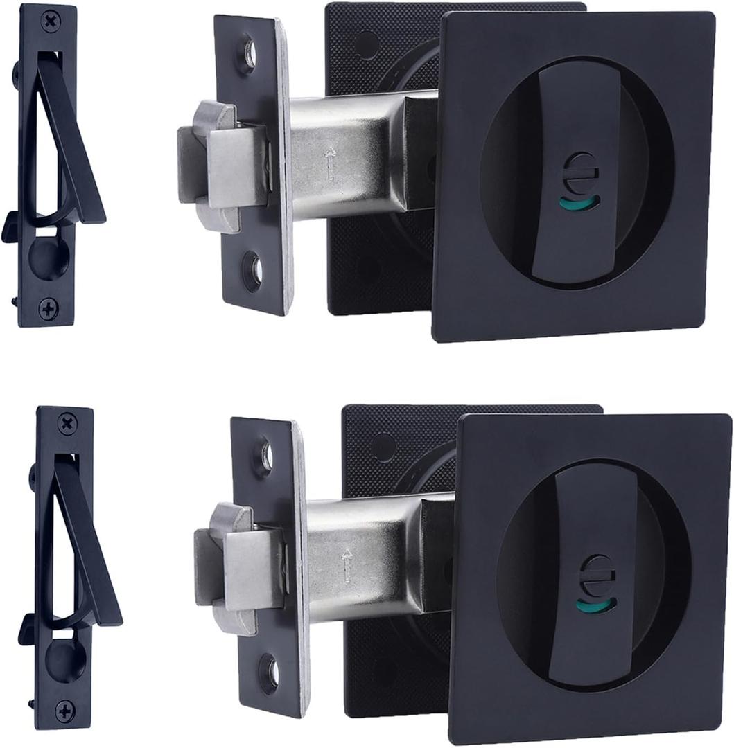 Dontay 2 Pack Pocket Door Lock with Pull, Color Coded Indicators, Privacy (Bed/Bath) Handles Latch, 2-3/8" Backset, Hardware for 1 3/8 to 2 3/16 Thickness Door (2, Matte Black)