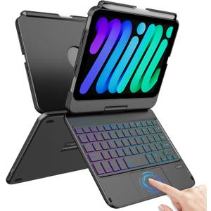 FUWANG Touchpad Keyboard Case for iPad mini 7 A17 Pro 2024 & Mini 6th Generation 2021 8.3 inch - 360 Swivel 7 Color Backlit Keyboard for iPad mini 7th 6th Generation with Pencil Holder, Black