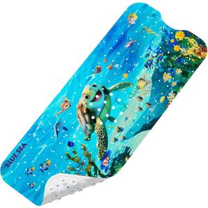 Baby Bath Mat for Tub Non Slip Kids, BPA Free Extra Long Bathtub Mat 40x16 with Drain Holes and 200 Suction Cups, Non Toxic Machine Washable Toddler Bath Mat, No Fading, Sea