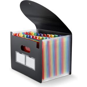 Expanding File Folder, 24 Pocket Accordion A4 Letter Size Portable Document Organizer with Colored Tabs, Expandable Bill Coupon Folder - Black