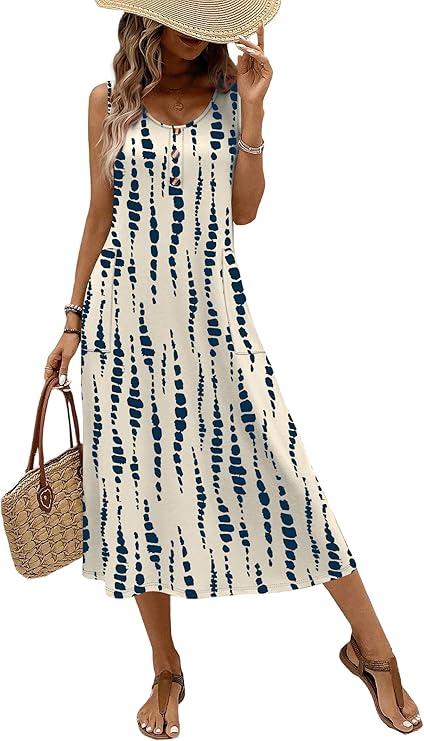 OFEEFAN Maxi Dress Sleeveless Casual Summer Dresses for Women 2026 Decorative Button Down Sundresses with Pockets L