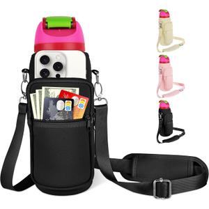 Neoprene Water Bottle Carrier Bag Holder with Phone Pocket Compatible with Owala FreeSip 24/32/40 OZ, Tumbler Cup Accessories with Adjustable Strap for Phone Card Keys (32 Ounces, Black)