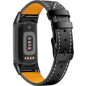 Leather Bands Compatible with Fitbit Charge 6/Charge 5, Replacement Genuine Leather Straps for Women Men (Black)