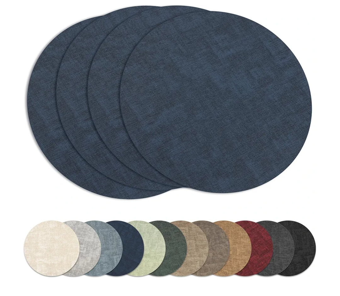 13" Round Placemats Set of 4, Reversible Faux Leather Heat Resistant Table Mats, 100% Waterproof Oilproof Wipeable Table Protective Placemats for Vinyl, Washable for Indoor (4, Navy Blue)