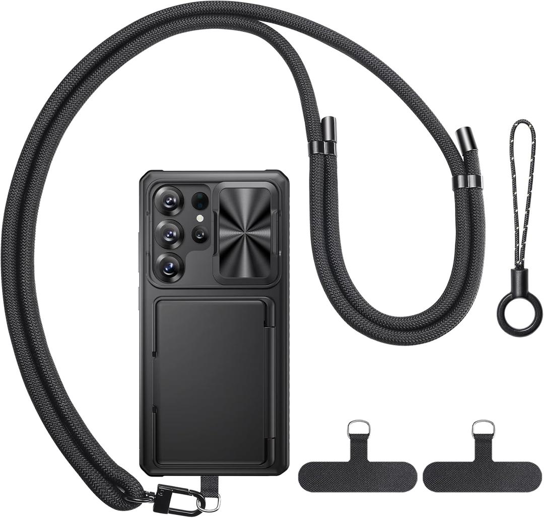 BXYJY for Samsung Galaxy S25 Ultra Case with Strap, Crossbody Cell Phone Lanyard for Women Men, Wallet Card Holder, Military Grade & Camera Protection, Heavy Duty Case for Samsung S25 Ultra, Black