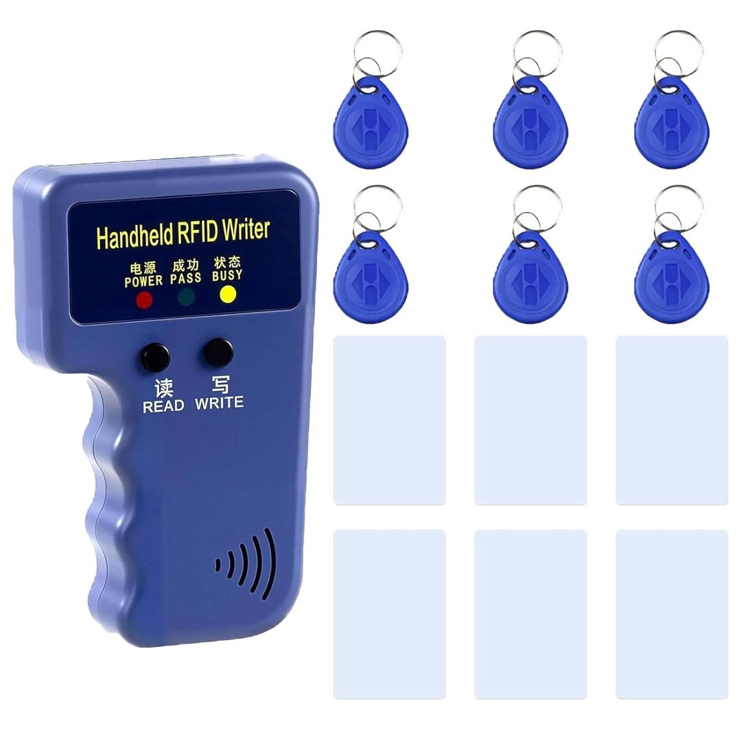 RFID 125KHz Card Reader Writer Handheld Smart ID Card for T5577 or EM4305, Includes 6pc White Card and 6pc Blank Writable T5577 Keychains Christmas Stocking Stuffers for Men