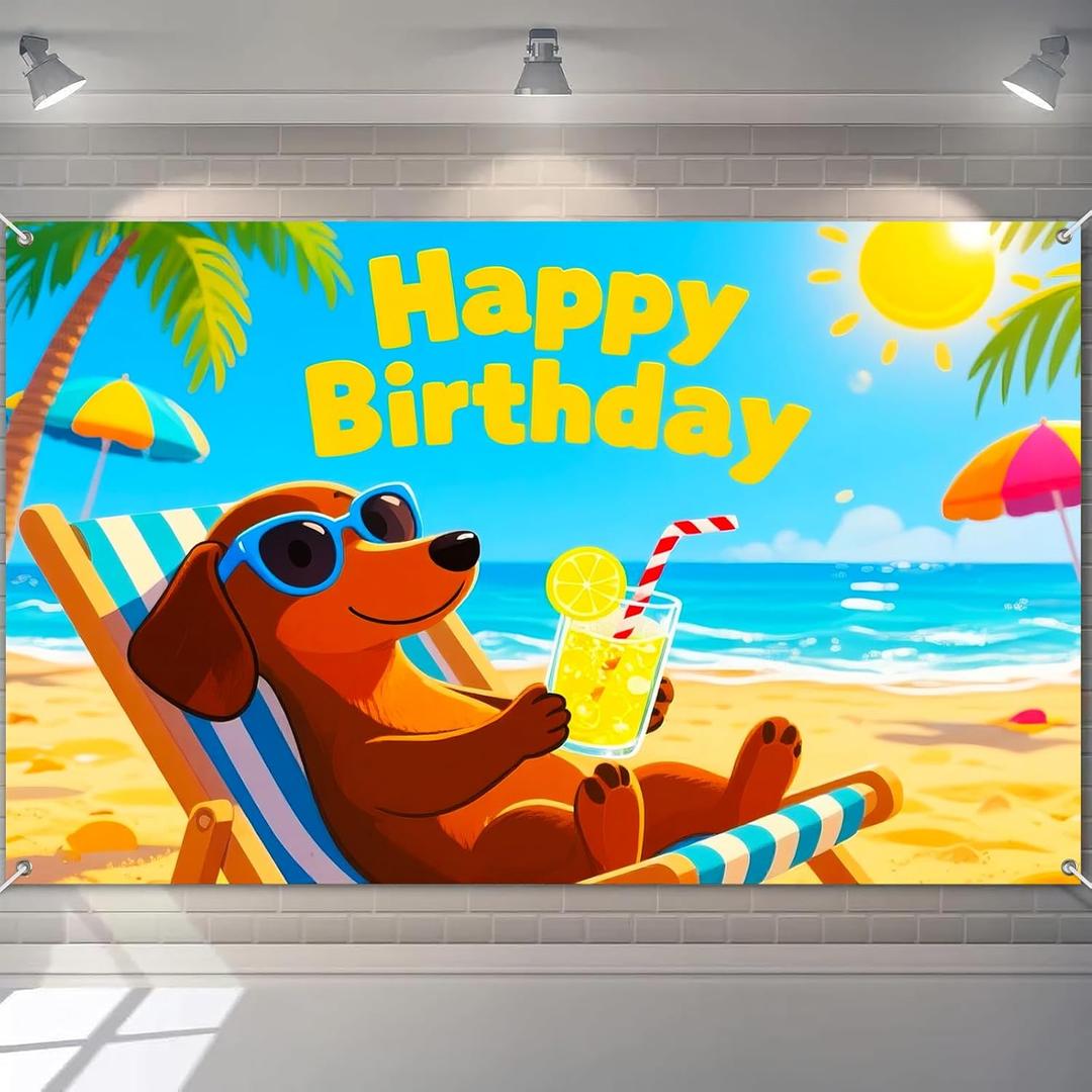 BlissYard Happy Birthday Banner 71x43 inch Dachshund Dog Beach Decration Vacation Party Summer Dog Themed Birthday Banner Celebrations Backdrop Photography Background Photo Booth Prop Wall Decor