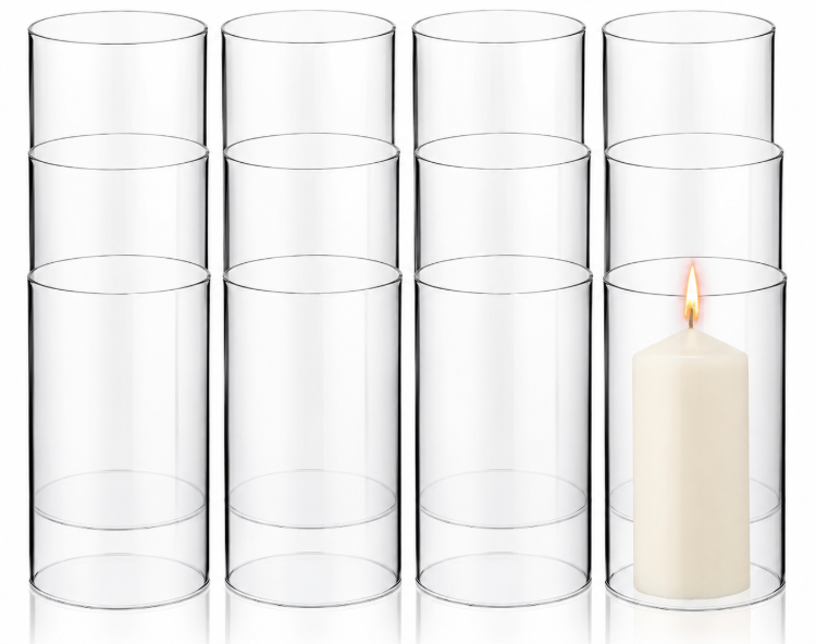 12 Pcs Hurricane Glass Candle Holders Sleeve, 2.95 x 6 Inch Open Ended Glass Bottomless Candle Cover, Cylinder Hurricane Clear Chimney Shade Tube Cover for Baby Shower Wedding Party
