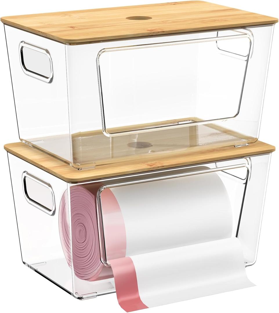 2 Pack Trash Bag Holder,Stackable Trash Bags Dispenser with Bamboo Lid,Extra Large Garbage Bag Holder for Kitchen, Laundry Room,Under Sink Storage Organization