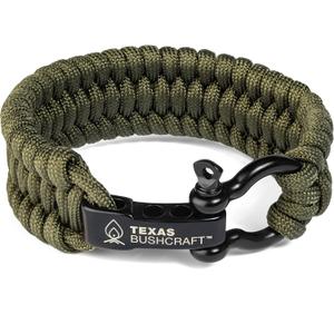 Texas Bushcraft Firecraft Cord Survival Bracelet  Paracord Bracelet with Bow Shackle for Camping and Emergency  3 Extra Strands Include Wax Thread, Tinder, and Fishing Line (L (7-8" wrist), Army Green)