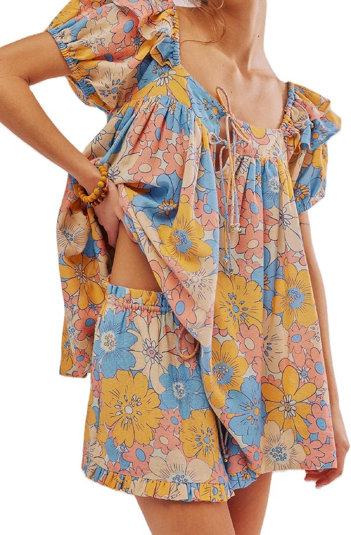 ROAONOCOMO Women Floral Pajama Set Ruffle Puff Sleeve Peplum Shirt Coquette Pj Set Bow Babydoll 2 Piece Shorts Outfit (Yellow, S)