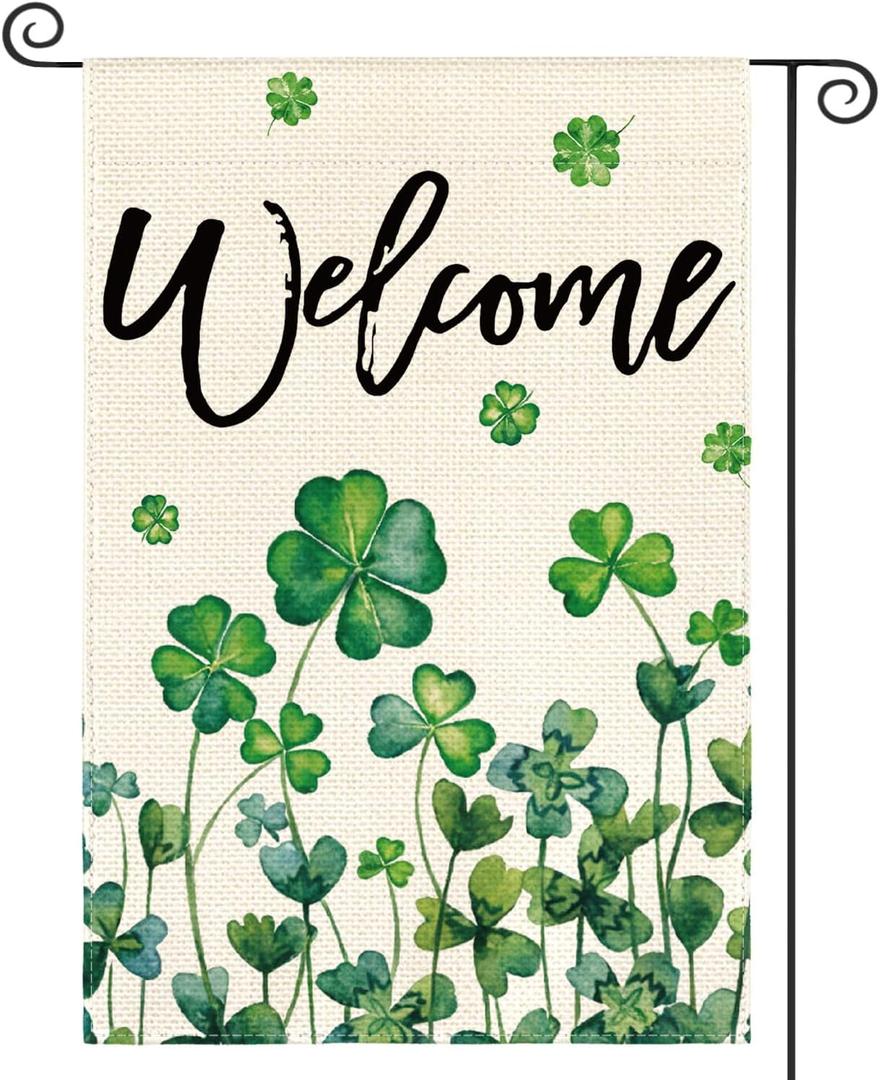 AVOIN colorlife St Patricks Day Garden Flag 12x18 Inch Double Sided Outside, Shamrocks Four-leaf Clovers Welcome Yard Outdoor Flag