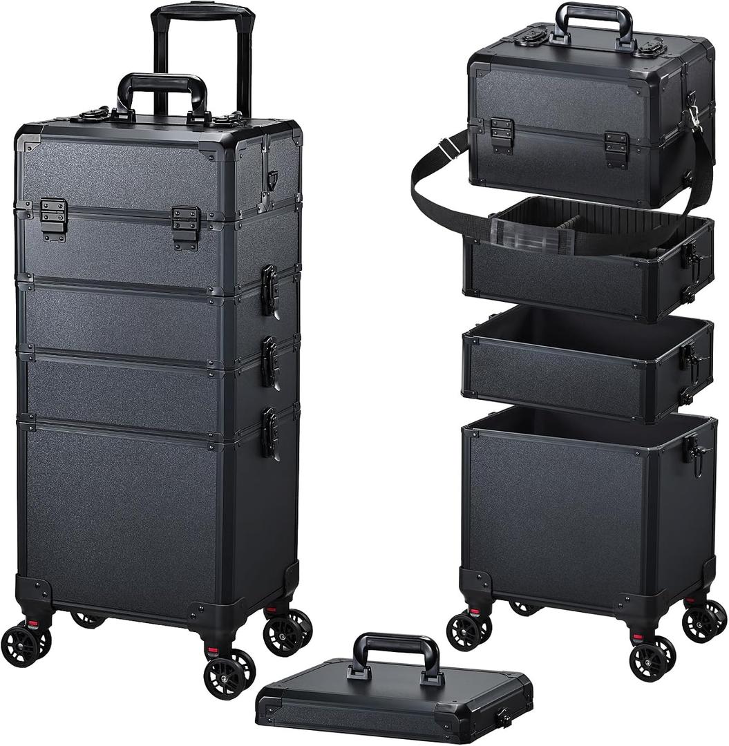 Rolling Makeup Case Makeup Train Case with Lid 5 in 1 Cosmetology Case on Wheels Cosmetic Trolley Organizer Large Makeup Organizers Case Profesional Cosmetic Case for Salon Barber Nail Beauty, Black