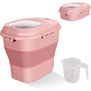 Cereal Rice Food Storage Containers, Collapsible 20 to 50 Lbs Dispenser Bin with Rolling Wheel Airtight Locking Lid, Dog Pet Cat Flour Sugar Plastic Leakproof Sealable Large Kitchen Pantry Holder (Pink)