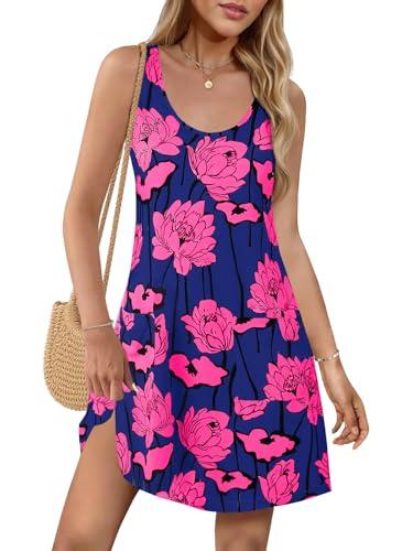 Wenrine Womens Summer Dresses Casual Floral V Neck Sleeveless Loose Boho Beach Tank Dress Sundress with Pockets Navy