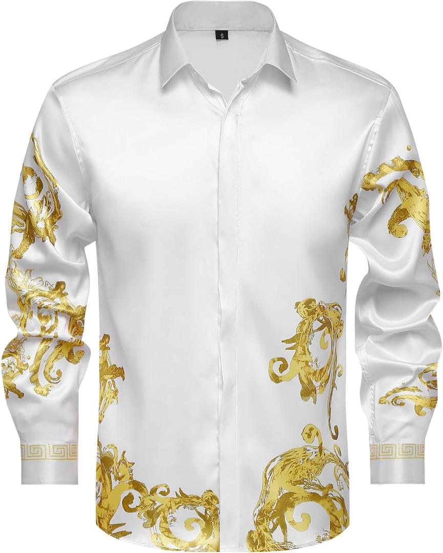 Mens Luxury Brand Print Silk Satin Design Button Down Dress Shirt (White, XL)