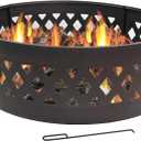 Sunnydaze 36-Inch Outdoor Fire Pit Ring with Poker - Round Heavy-Duty Steel Fire Ring for Camping or Backyard - Crossweave - 12" H