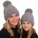 Winter Knit Beanie Hat for Girls Women Parent-Child with Faux Pom Warm Fleece Lined