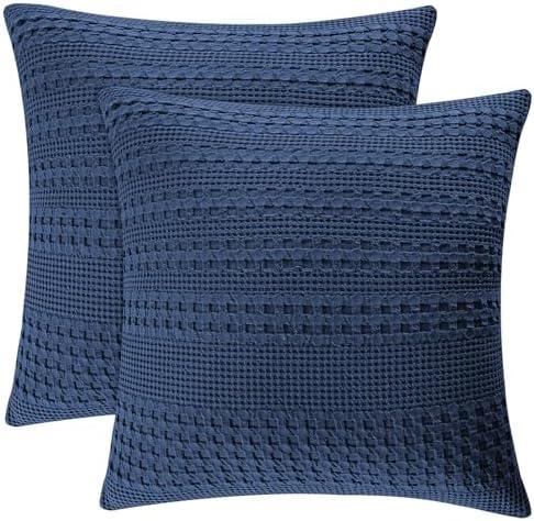 PHF 100% Cotton Waffle Weave Euro Sham Covers, 2 Pack 20" x 25" Bed Pillow Covers for Elegant Home Decor, No Filling, Luxury Aesthetic Soft Euro Pillow Cases for Bed, Bright Navy Blue