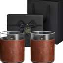 Sabary 2 Sets Leather Rocks Glasses 11.5 oz Leather Wrapped Whiskey Glasses with Gift Box Glass Sleeve Bourbon Glass Gift for Men Father (Brown)