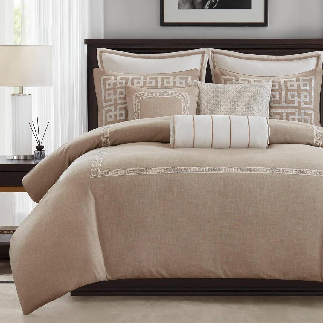 Madison Park Signature Oversized King Comforter Set, Luxury Hotel Style Bedding with Embroidered Details, All Season Down Alternative Comforter, Matching Shams & Decorative Pillows, Taupe, 9 Piece