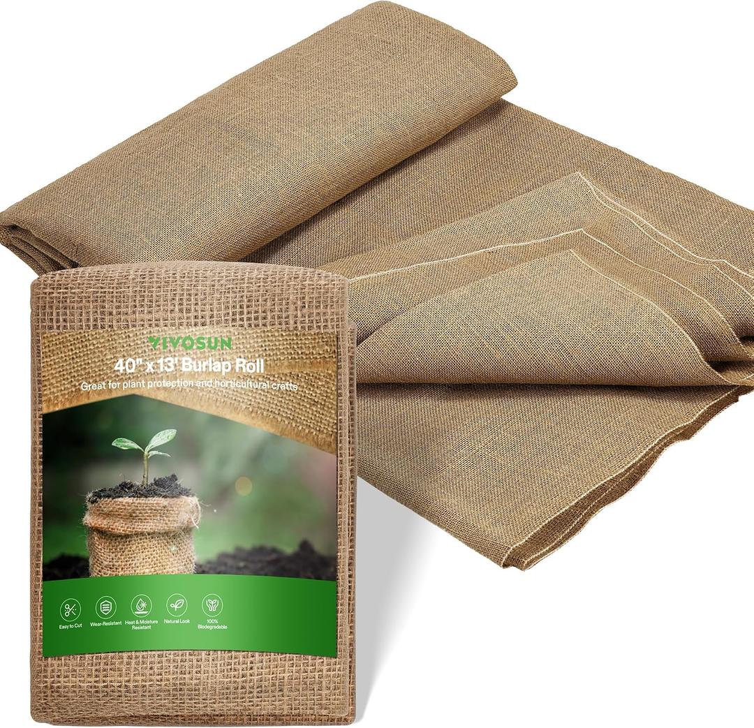 VIVOSUN 40 in x 13 ft Burlap Fabric, High Density Natural Jute Fiber, Multipurpose Burlap for Gardening, Outdoor Plant Care, Weed Barrier, DIY Crafts, and Decoration