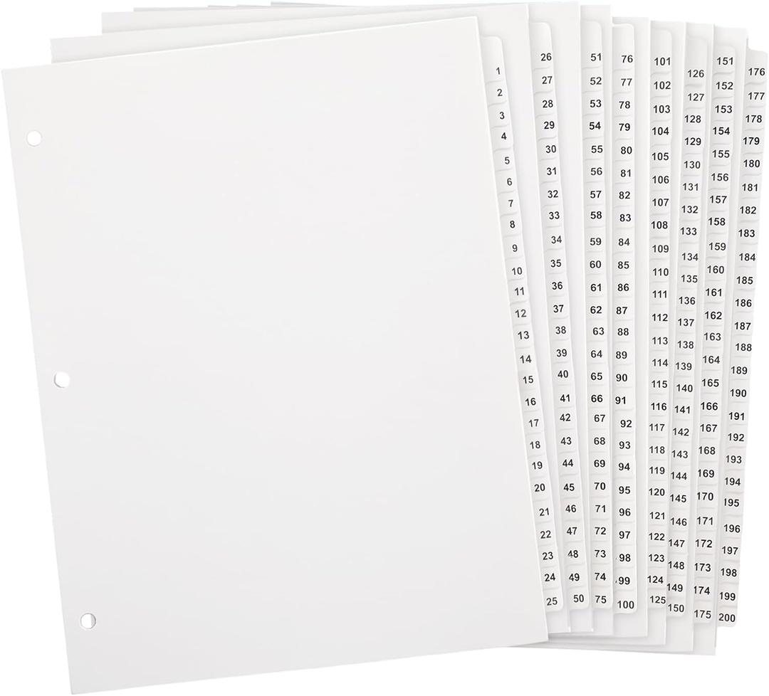 Yeaqee Numbered Tabs for 3 Ring Binders, Letter Size Numbered Dividers 3 Hole Punched White Binder Index for File Notebook 8.5 x 11 Inch(201)