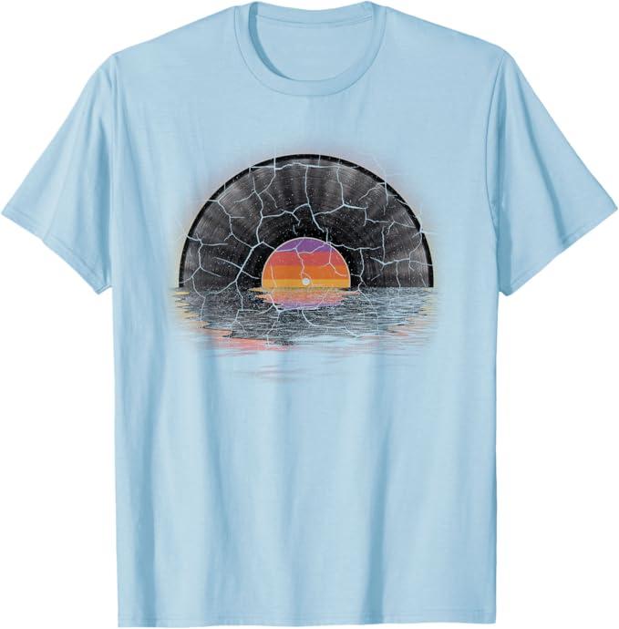 Vinyl Record Retro Sunset Vintage LP Music T-Shirt (Small, Blue)