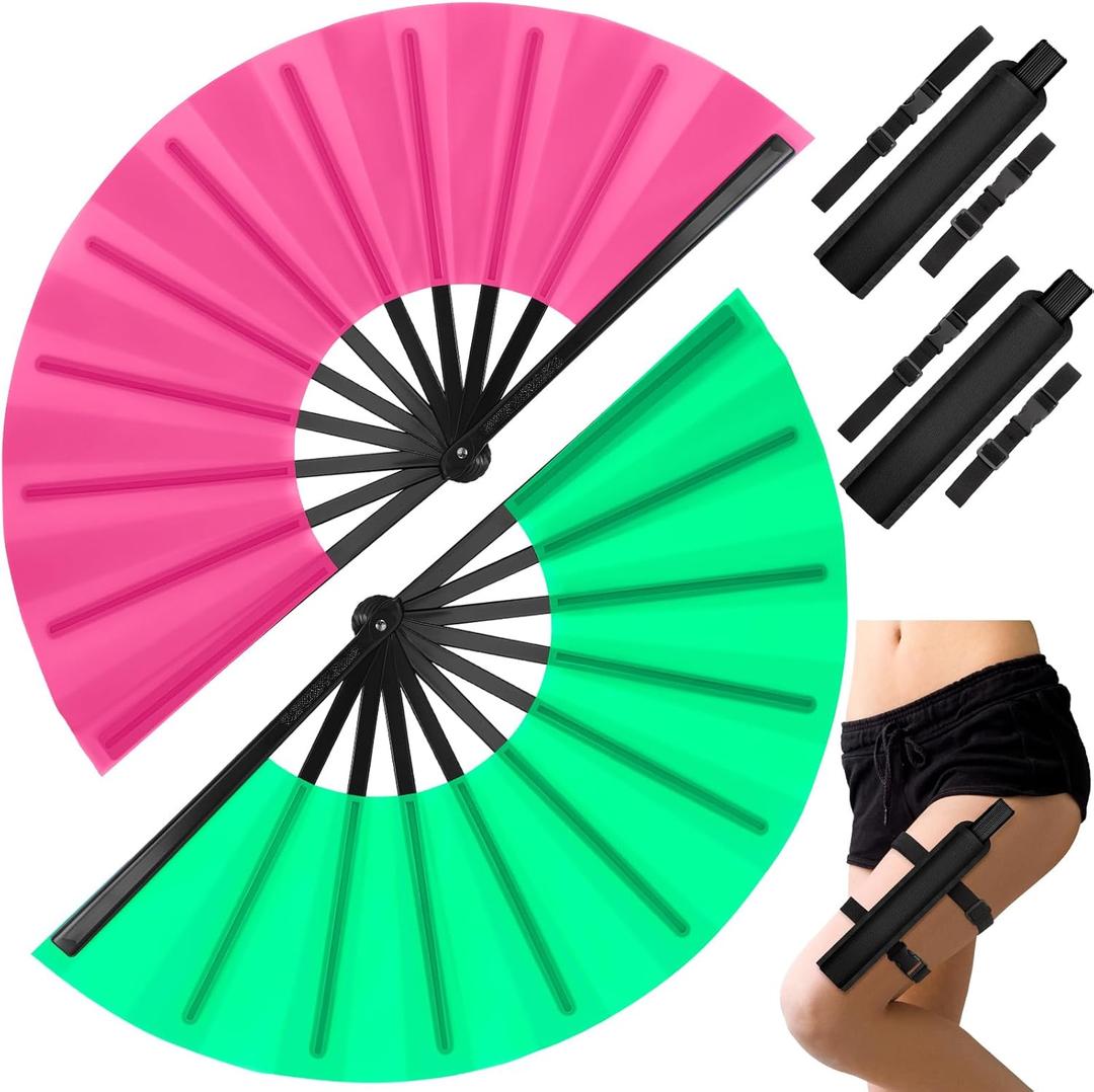 Geelin 2 Set Pink Green Large Folding Fan with Holster for Line Dancing Rave Clack Handheld Fan Holder Sleeves with Waist Belt Rave Accessories for Party Dance Disco Queues Holiday Party