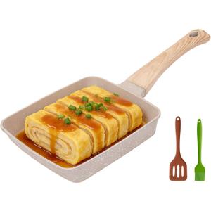 Nonstick Tamagoyaki Pan Japanese Egg Pan, 6"x7" Cream White Granite Stone Omelette Pan, PFOA Free Rectangular Frying Pan with Silicone Spatula & Oil Brush, Induction Compatible