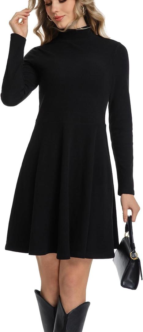Long Sleeve Dress for Women Turtleneck Ribbed Knit A-Line Flowy Casual Elegant Fall Winter Fashion Short Dresses, Size: X-Large
