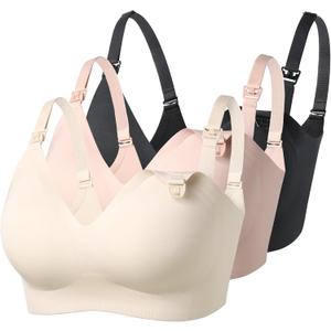 Momcozy Nursing Bras for Breastfeeding, YN21 Seamless Ultra Comfort Maternity Bra, Natural Shape, Pregnancy Sleep Bralette (Large, 3 Pack-black,beige,cream)