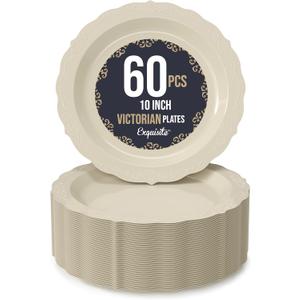 Exquisite Victorian Plastic Plates - 60 Piece Disposable Party Set for 60 Guests - 10 Inch Cream Dessert Plates - Heavy Duty