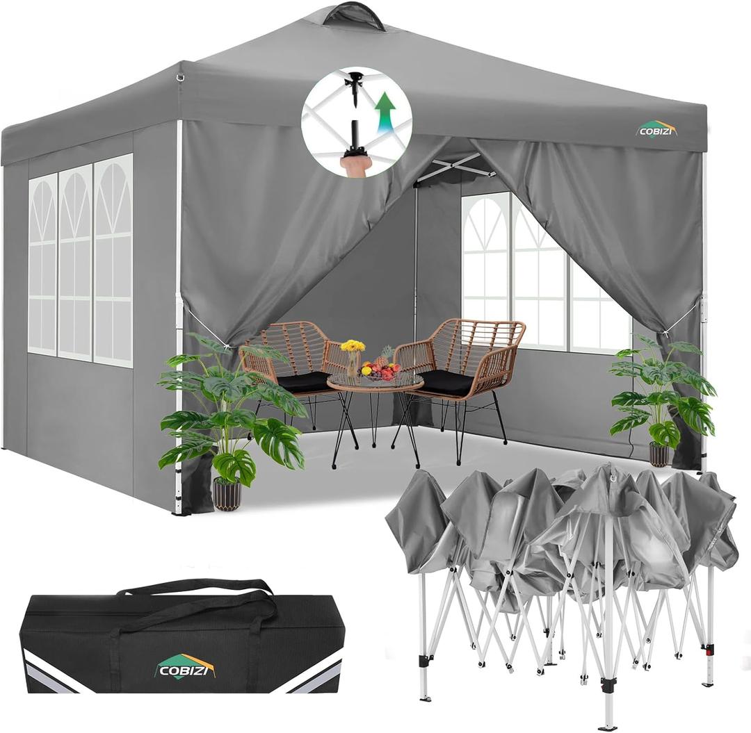COBIZI Canopy Tent 10x10 Pop Up Outdoor Canopies with 4 Sidewalls Waterproof Commercial Instant Gazebo Tents for Party Patio Backyard with 4 Sandbags, 4 Stakes & 8 Ropes, Grey (Gray)