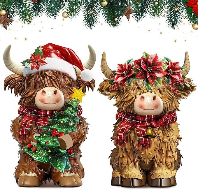 2 Pack Christmas Highland Cow Decor Resin Highland Cow Figurine Christmas Cows Gnomes with Santa's Hat Scarf Resin Statue for Garden Table Shelf Home Decor Calf Gnome Herd Gifts