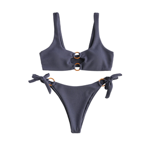 ZAFUL Women's Ribbed O-Ring String Bikini Swimsuit Cheeky Thong Swimwear Two Pieces Bathing Suit S