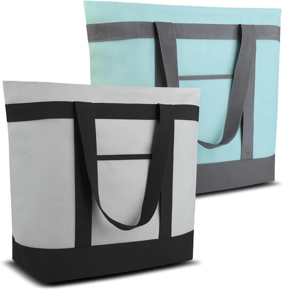 CIVJET 2PK Insulated Cooler Tote Bags, Soft Totes with Top Zipper and Sided Pockets for Food Delivery, Grocery Shopping, Travel & Beach, Large Leak Proof Thermal Bag for Frozen Foods, Reusable (One Size, Grey & Green)