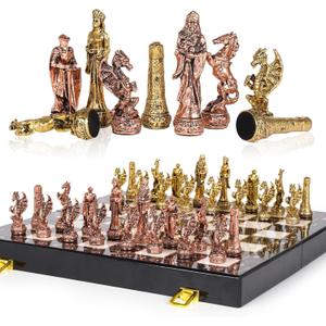 Large Vintage Metal Chess Set for Adults and Kids  Marbling Chess Board with Metal Chess Pieces 15" Travel Chess Set with Metal Chessmen  Collectible Elegant Chess Game  Family Vintage Board Game