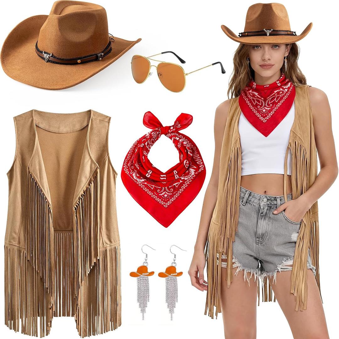Cowgirl Outfits for Women Western Cow Girls Costume Tassel Fringe Vest Cowboy Hat and Accessories Set, L