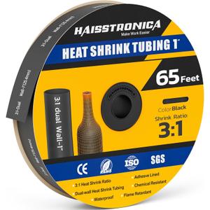 haisstronica 3:1 Heat Shrink Tubing, Shrink Ratio Adhesive Lined Marine Grade Heat Shrink Tube for Home, Automotive and Industrial (Black) 65FT 1inch