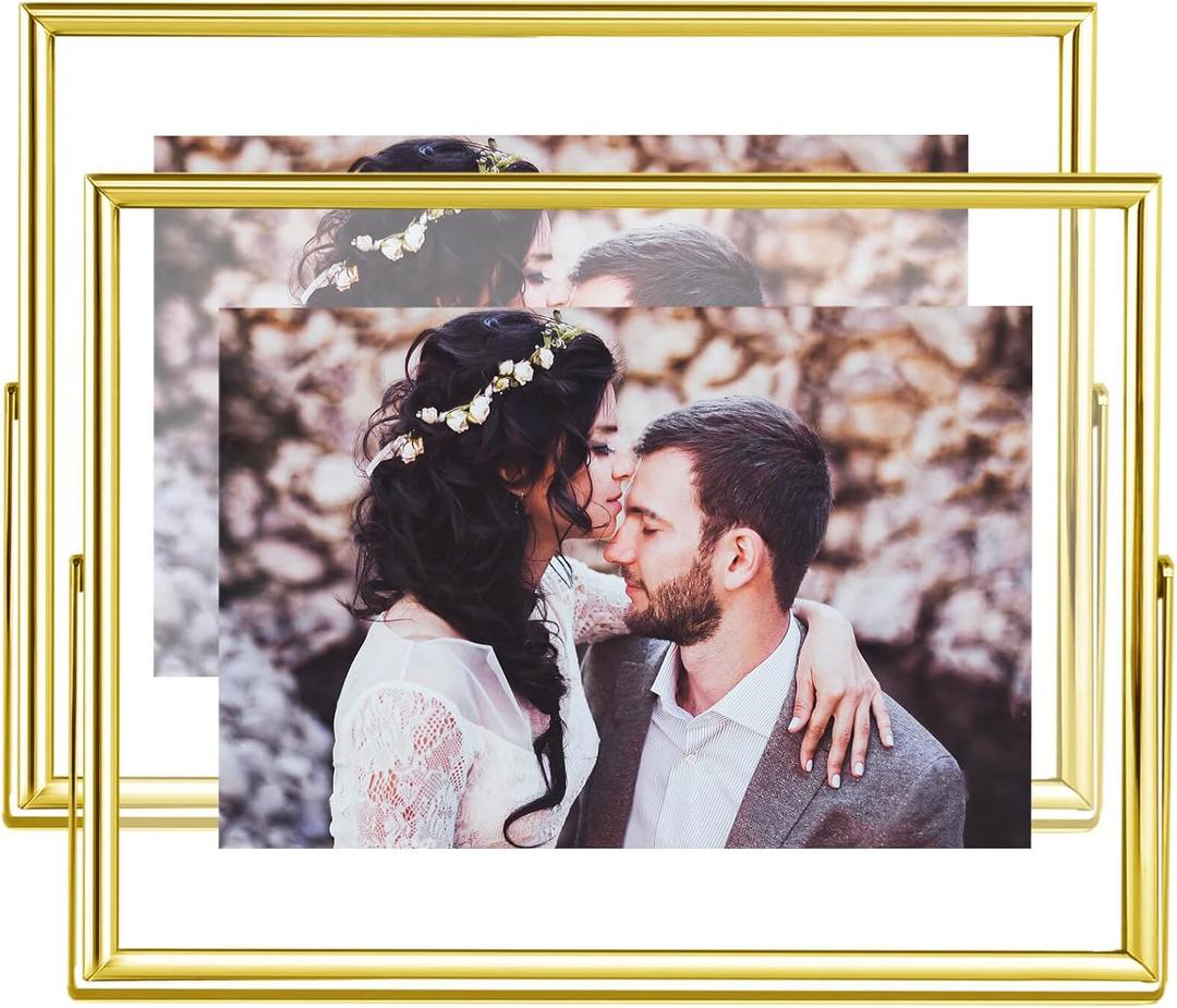 4x6 Floating Picture Frames Set of 2, Made of Metal and Double Real Glass, for Photo Size up to 6x8, Tabletop Display Home or Wedding Decoration (Horizontal Gold)