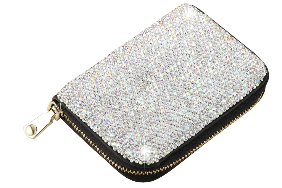 AsAlways Rhinestone Credit Card Holder for Women RFID Blocking Wallet Slim Leather Zipper Card Case Wallet (Black)