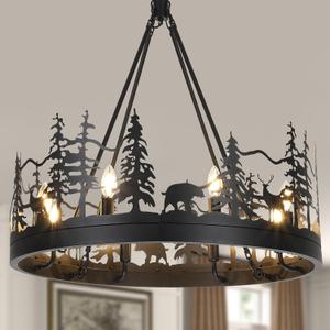 Rustic Chandeliers for Dining Room, Black Wagon Wheel Chandelier, Rustic Pendant Lights with Bear and Deer Design, 30''W Farmhouse Chandeliers for Living Room, Bedroom, Hallway, Entryway